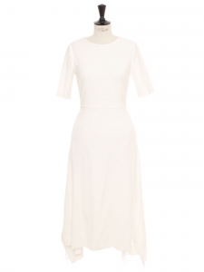 Ivory white crepe 3/4 sleeves cinched and flared midi length dress Retail price €2300 Size 34