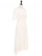Ivory white crepe 3/4 sleeves cinched and flared midi length dress Retail price €2300 Size 34