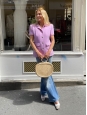 Veste de tailleur manches courtes en tweed de laine mauve rosé à boutons siglés CC argent Prix boutique 5000€ Taille 38