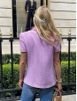 Veste de tailleur manches courtes en tweed de laine mauve rosé à boutons siglés CC argent Prix boutique 5000€ Taille 38