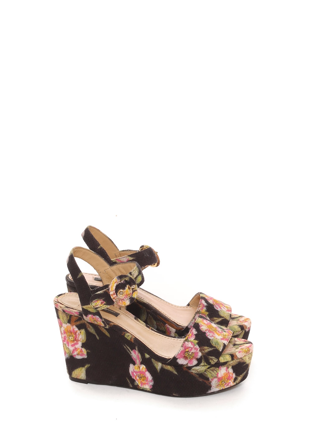 Boutique DOLCE & GABBANA Black, pink and green floral print canvas BIANCA  wedge sandals Retail price €575 Size 36
