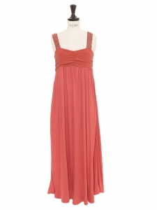 Peony pink silk and jersey maxi dress with crystal embroidered straps Retail price €2400 Size XS