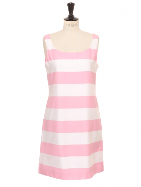 Large strap round neckline white and pink striped cotton dress Retail price €420 Size 38