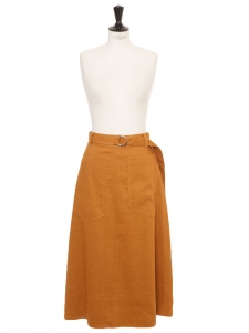 TIBI Camel brown linen blend high waist midi length skirt Retail price €425 Size 38