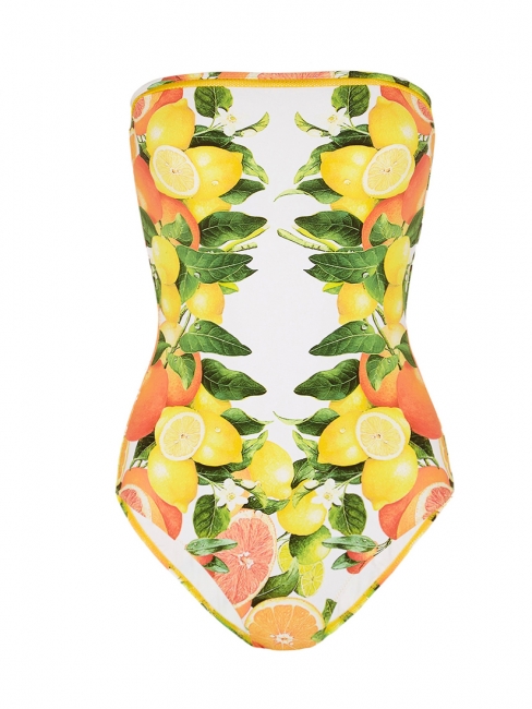 Mesh-trimmed citrus printed bandeau swimsuit NEW Retail price €220 Size 34