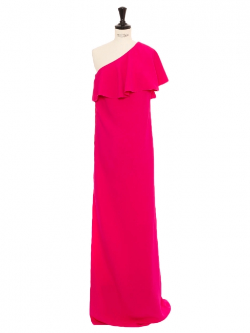 Robe de cocktail longue asymétrique avec volant sur l'épaule rose fushia Prix boutique 3200€ Taille 34