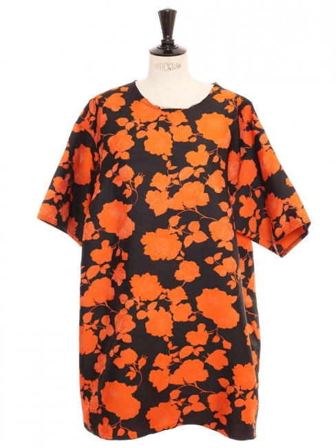 Oversized short sleeves black and orange floral satin dress Size M to L
