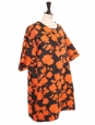 Robe oversized manches courtes en faille noir fleuri orange Taille M à L