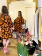 Oversized short sleeves black and orange floral satin dress Size M to L
