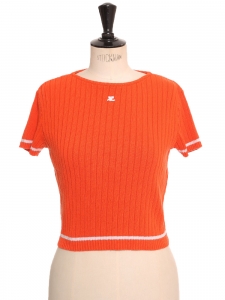 Short sleeves knitted round neck orange and white stripes top Retail Price 250€ Size 38.
