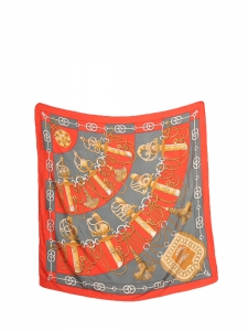 CLIQUETIS printed grey gold and red silk twill square scarf Retail price €410 Size 90 x 90