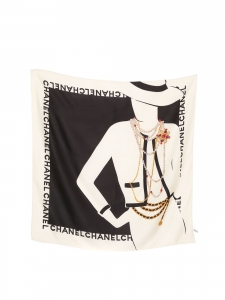 Coco Chanel lady with jewerly print black and ivory white silk scarf Retail price €450