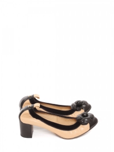 Black and beige pink leather pumps with camellias Retail price €1150 Size 36.5