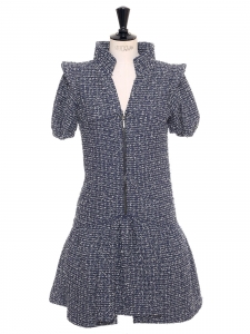 White and blue tweed short sleeves cinched dress Retail Price 6000€ Taille 36