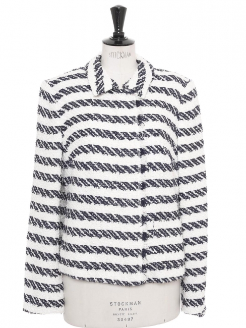 White and navy blue striped tweed blazer jacket Retail price €900 Size 42
