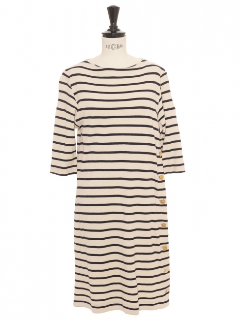 Ecru and navy blue stripes sailor wool blend jersey dress with gold buttons Retail price €900 Size M/L