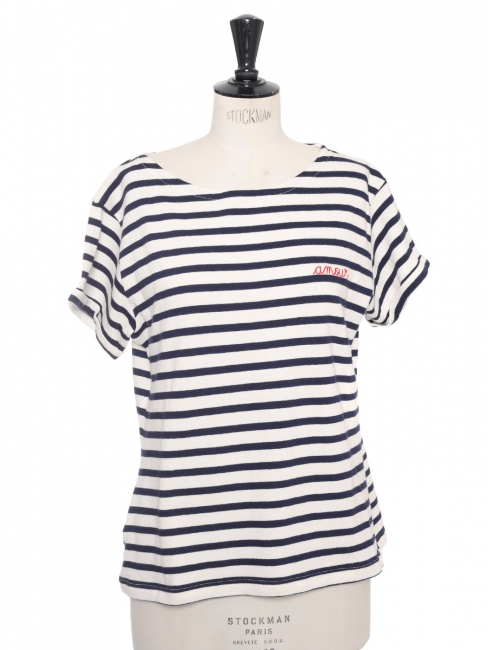 White and blue striped cotton breton t-shirt with "amour" embroidery Size 38