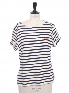 Short sleeves white and blue cotton breton top with "amour" embroidery Size 38