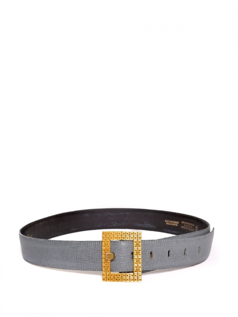 Blue grey textured leather belt with signature gold brass buckle Retail price €295 Size 85
