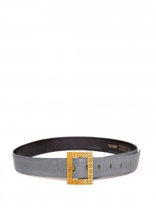 Blue grey textured leather belt with signature gold brass buckle Retail price €295 Size 75