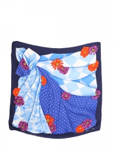 Blue, orange, and purple polka dot and floral print twill silk scarf Retail price €385 Size 79 x 79