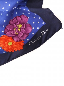 Blue, orange, and purple polka dot and floral print twill silk scarf Retail price €385 Size 79 x 79