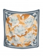 FLEUR DE LOTUS printed white light blue and camel brown silk twill square scarf Retail price €350 Size 90 x 90