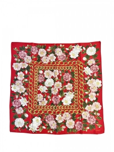 Pink and white camellia flowers and gold chain jewelry printed silk square scarf Retail price €450