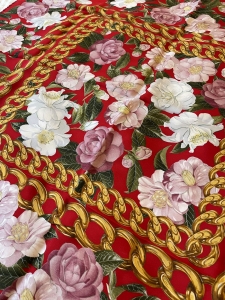 Pink and white camellia flowers and gold chain jewelry printed silk square scarf Retail price €450