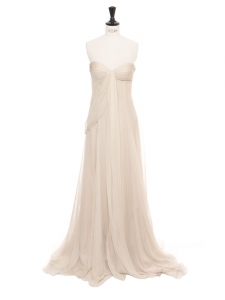 Beige cream silk chiffon strapless maxi dress Retail price €900 Size 34/36