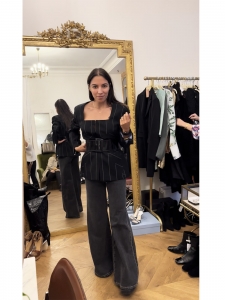 Black thin wool and white stripes cinched blazer jacket Retail price €1700 Size 38