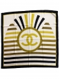 Yellow, bronze, white and navy blue stripes printed silk square scarf Retail price €450