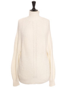 High neckline cream white mohair wool blend sweater Size L
