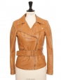 Camel brown leather biker jacket Retail price €3500 Size 36