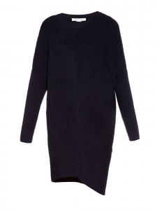 Navy blue ribbed wool crew neck asymmetric dress Retail price €750 Size S