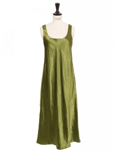 Green crackled satin midi dress with large straps Retail price $345 Size XS