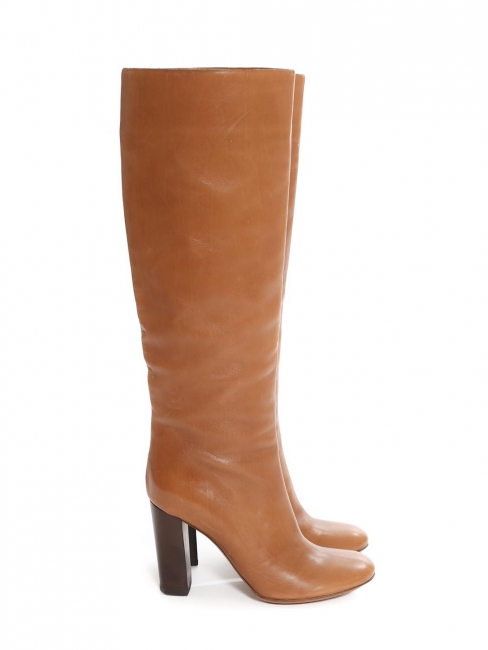 Camel brown leather wooden heel boots Retail price €1000 Size 36