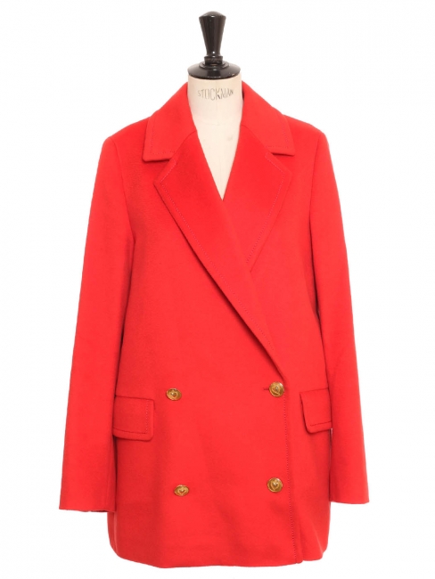 Bright red virgin wool double breasted coat with gold buttons Retail price €1500 size 38/40