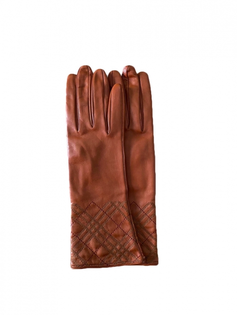 Cognac brown leather and silk lining long gloves Retail price €430 Size 7