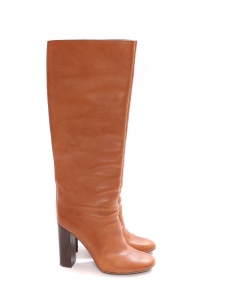 Fawn camel brown leather wooden high heel boots Retail price €1000 Size 38