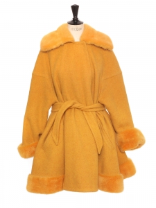 Yellow orange luxury wool and fur belted coat Retail price €6000 Size 40