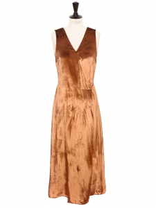 Copper brown velvet wrapped midi dress with large straps Retail price $345 Size S
