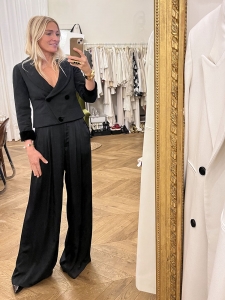 Black wool and silk plumetis cropped jacket with velvet buttons and cuffs Retail price €3500 Size 36