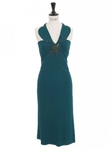 Bleu green open back cocktail dress with Swarovski crystals flower Retail price €2000 Size XS