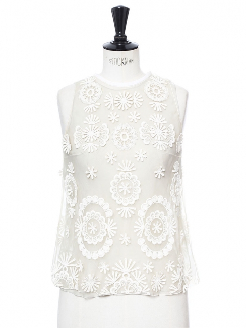 White silk organza embroidered with daisy flowers sleeveless top Retail price €1600 Size XS