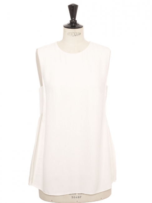 Pleated white crepe round neck sleeveless top Retail price $620 Size 36