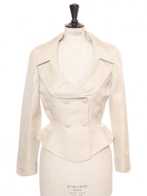 Tailleur veste blazer jupe en soie beige crème Taille XXS