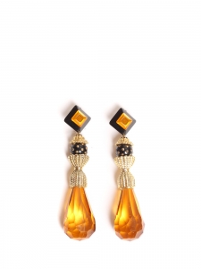 Amber, yellow, black and gold long clip earrings