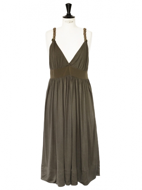 Khaki green silk jersey cocktail dress with deep V décolleté and open back Retail price €1000 Size S