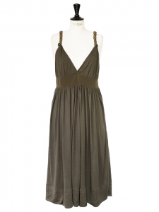 Khaki green silk jersey cocktail dress with deep V décolleté and open back Retail price €1000 Size 38
